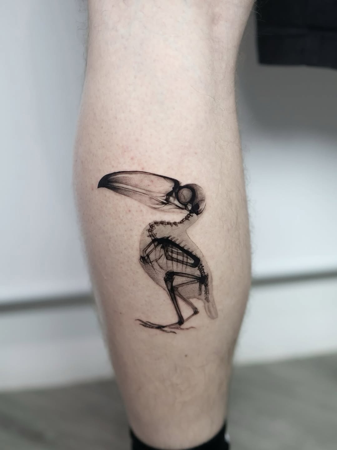 Striking minimalist bird skeleton tattoo design