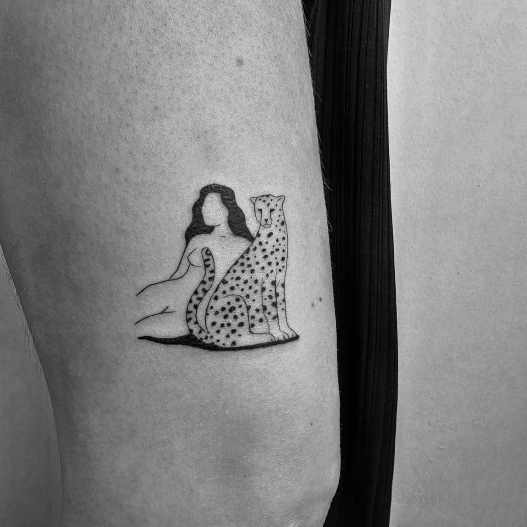Intriguing woman and leopard minimalist tattoo design