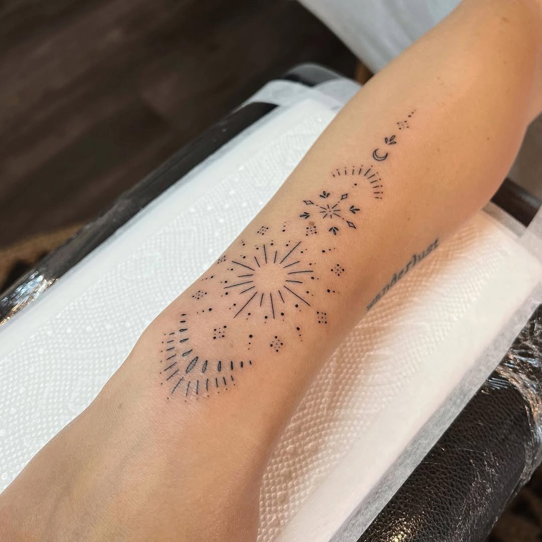 Geometric star and pattern minimalist tattoo
