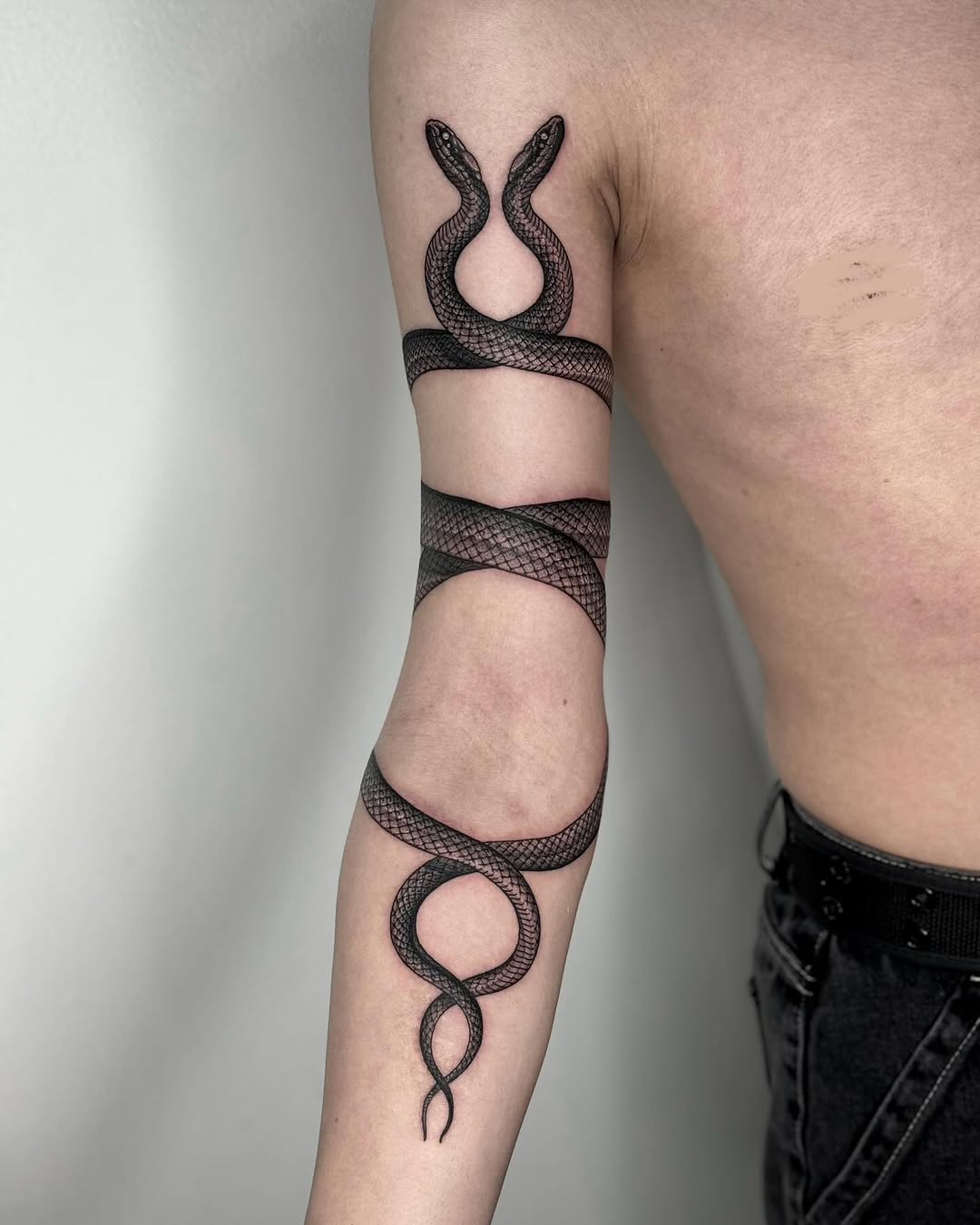 Intricate black snake tattoo wrapping the arm