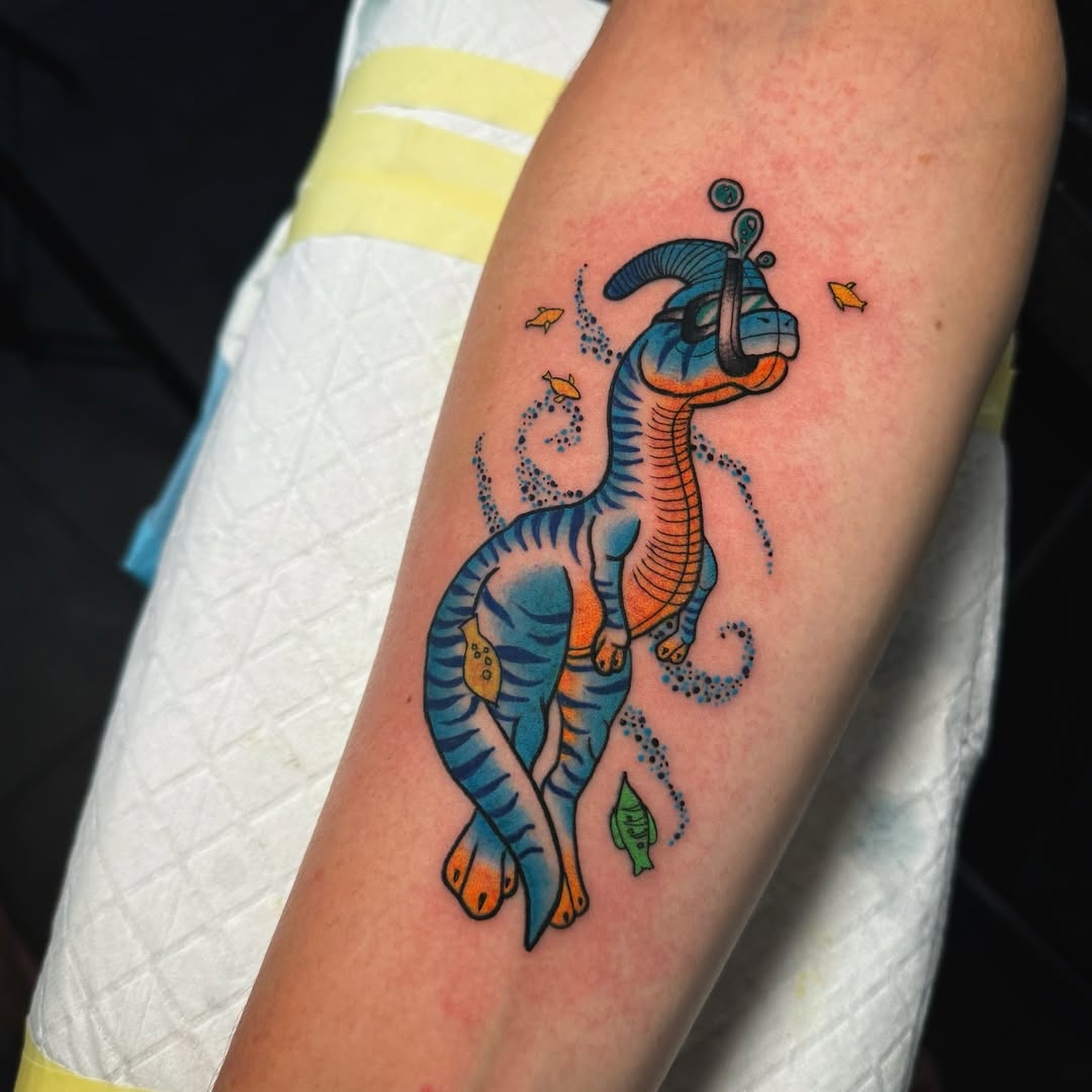 Vibrant dinosaur tattoo with whimsical elements