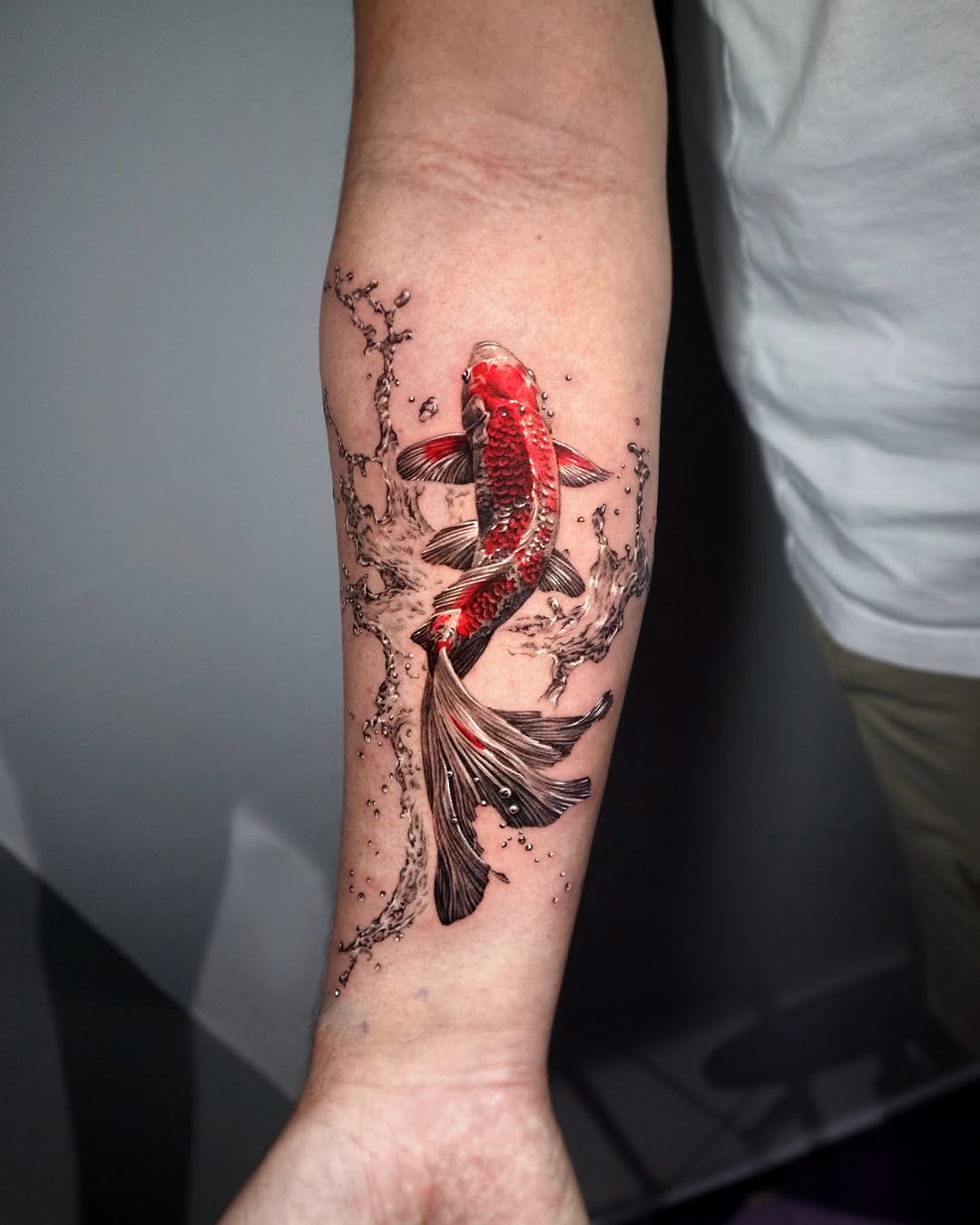 Vibrant red koi fish swimming with elegance