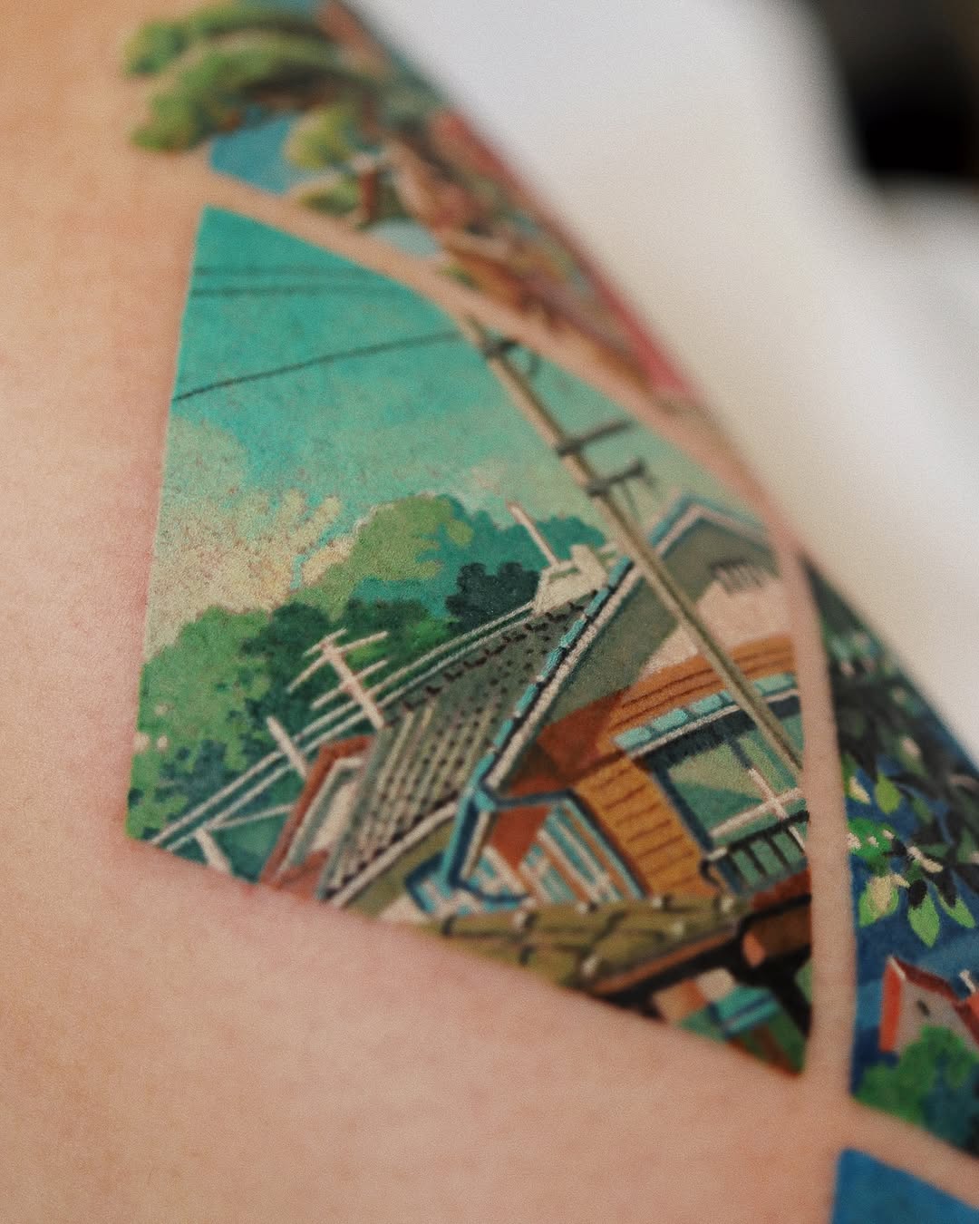 Vibrant neighborhood scene in stunning tattoo artistry