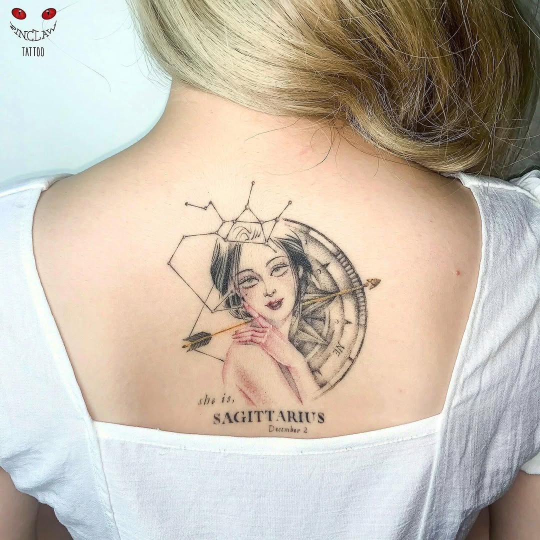 Stylish Sagittarius tattoo with celestial elements