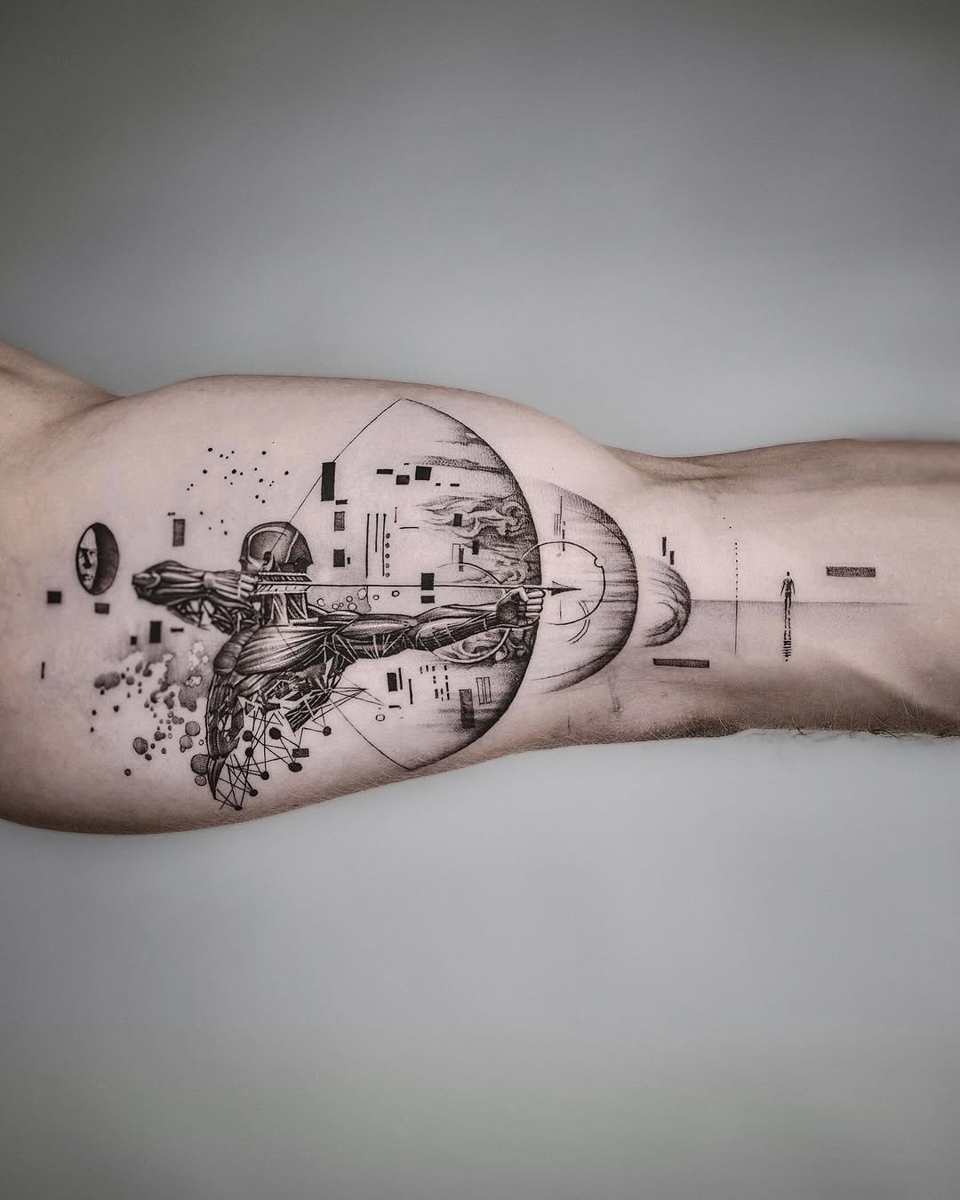 Stunning Sagittarius cosmic tattoo with intricate design