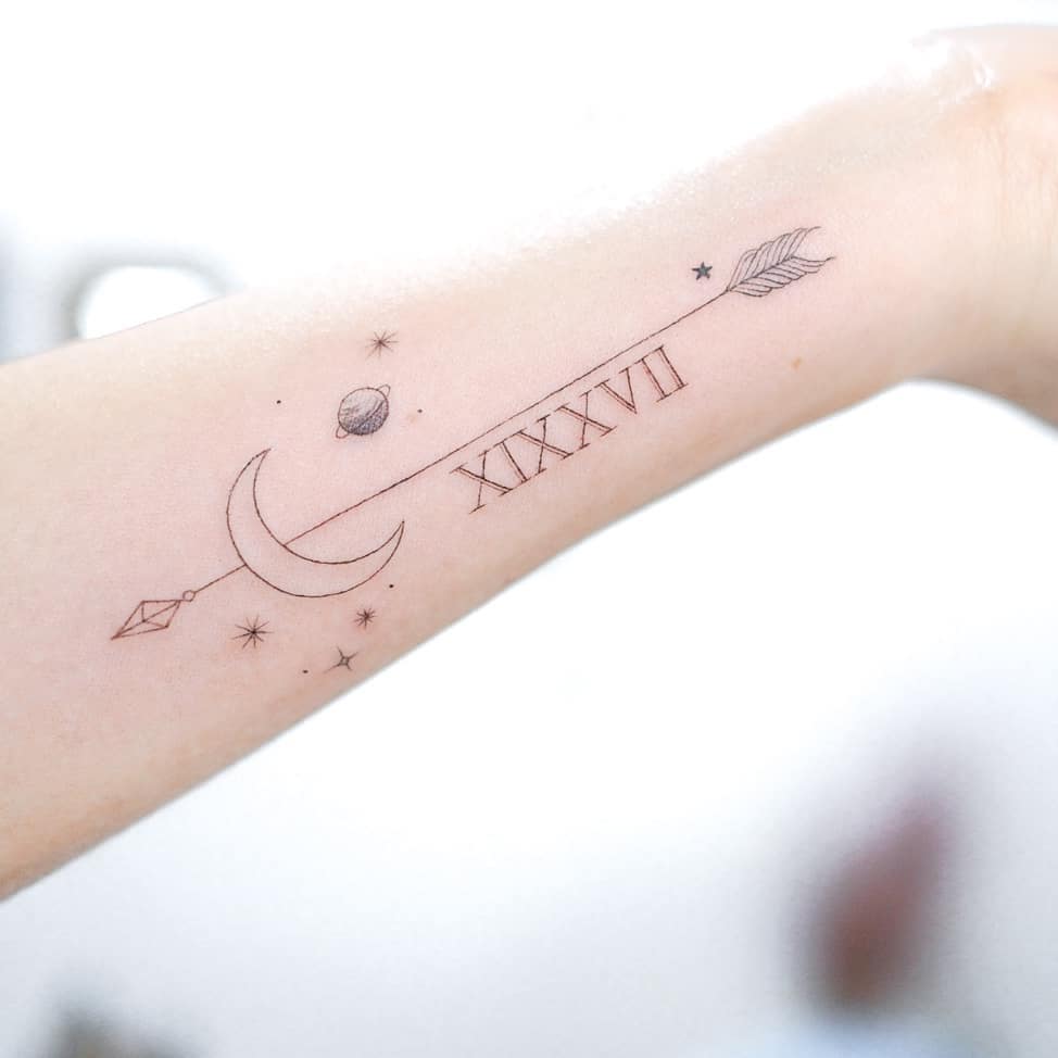 Celestial Sagittarius Tattoo with Moon and Arrow