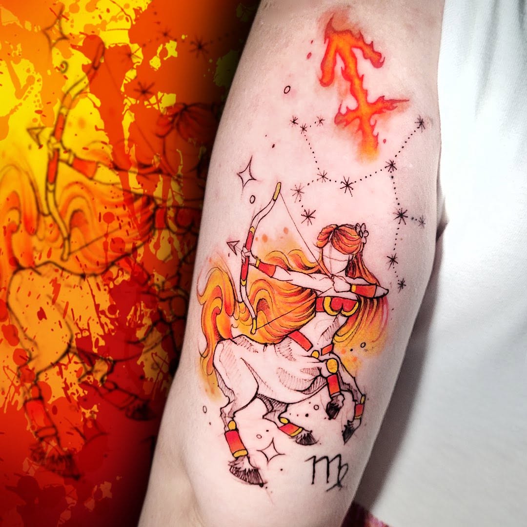 Vibrant Sagittarius Tattoo with Celestial Elements