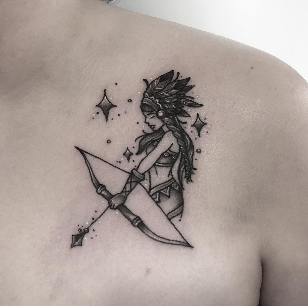 Elegant Sagittarius Tattoo with Archer and Feathers