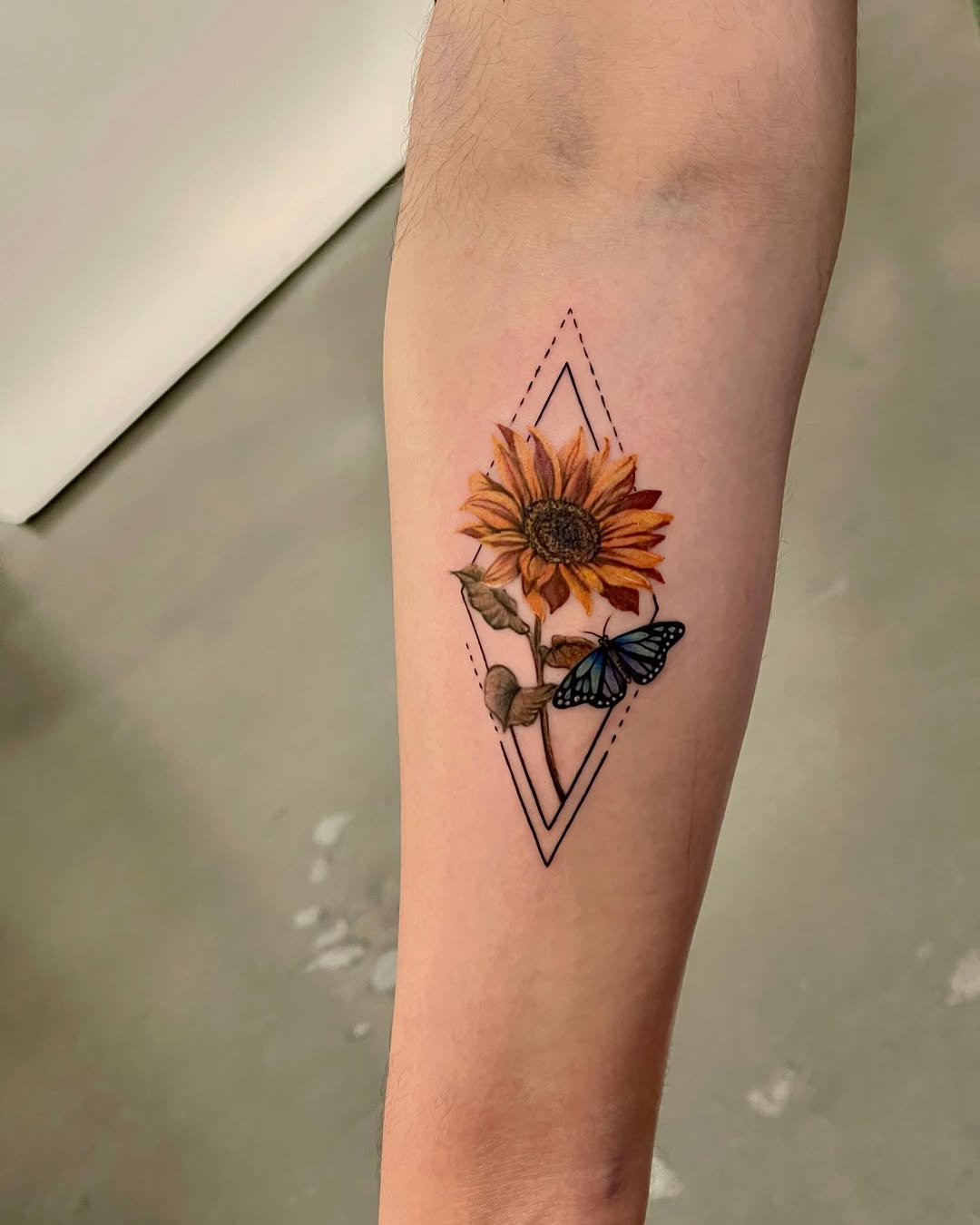 A vibrant sunflower embraced by a butterfly.