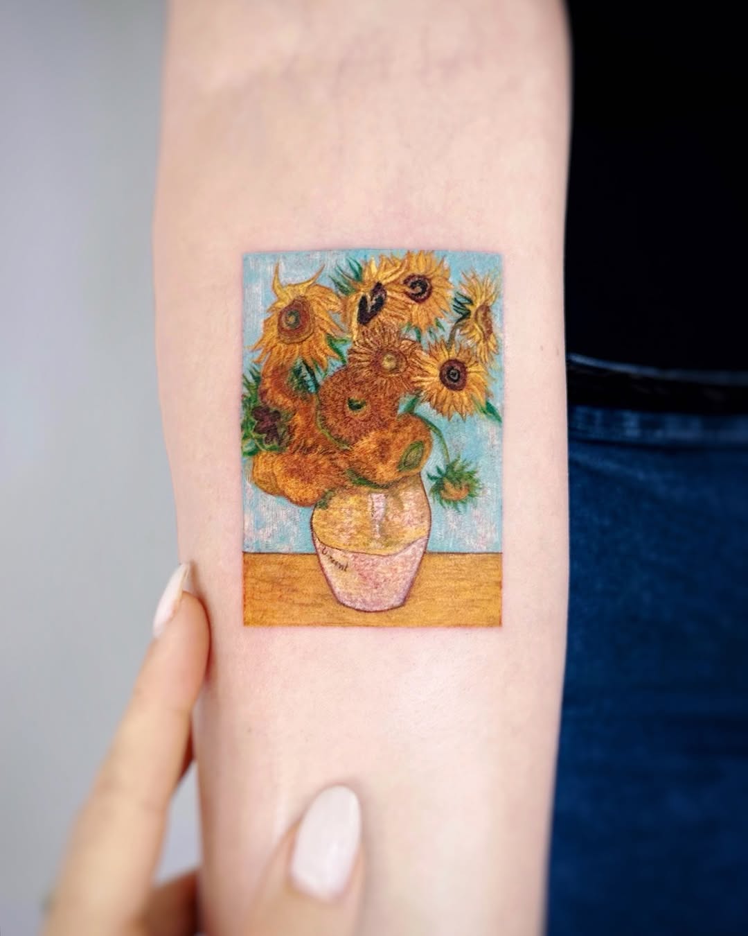 Vintage sunflower tattoo inspired by Van Gogh