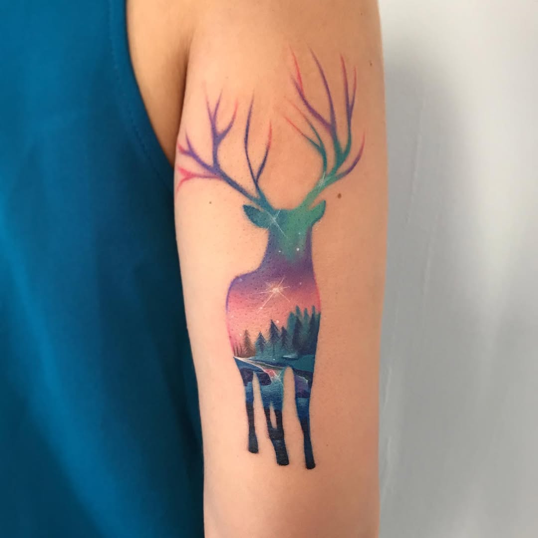 Vibrant stag inked with starry scenery