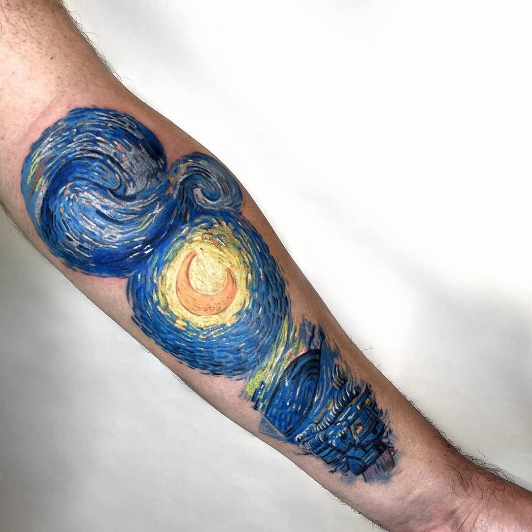 Vibrant Starry Night Tattoo on Forearm