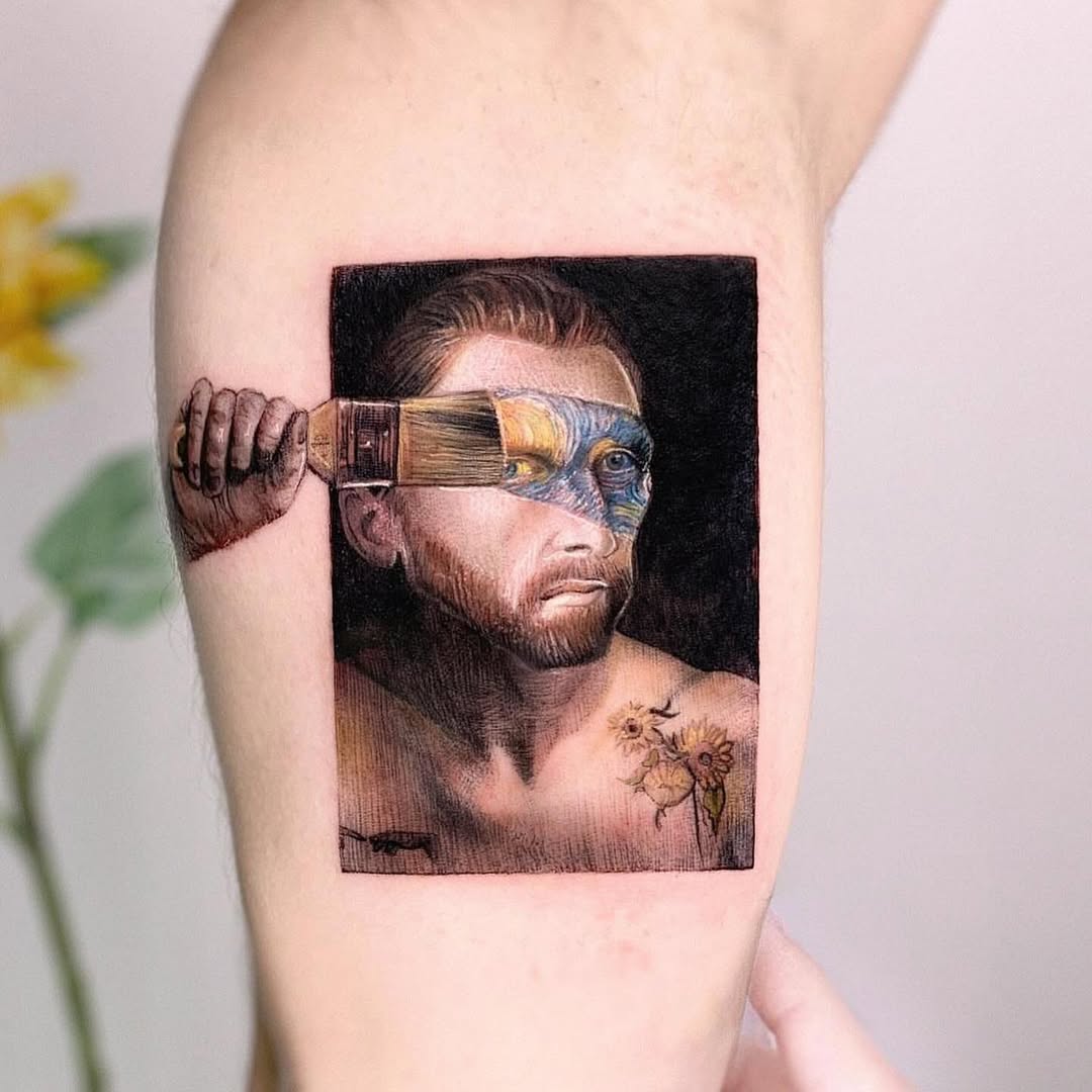 Unique self-portrait tattoo with brush details