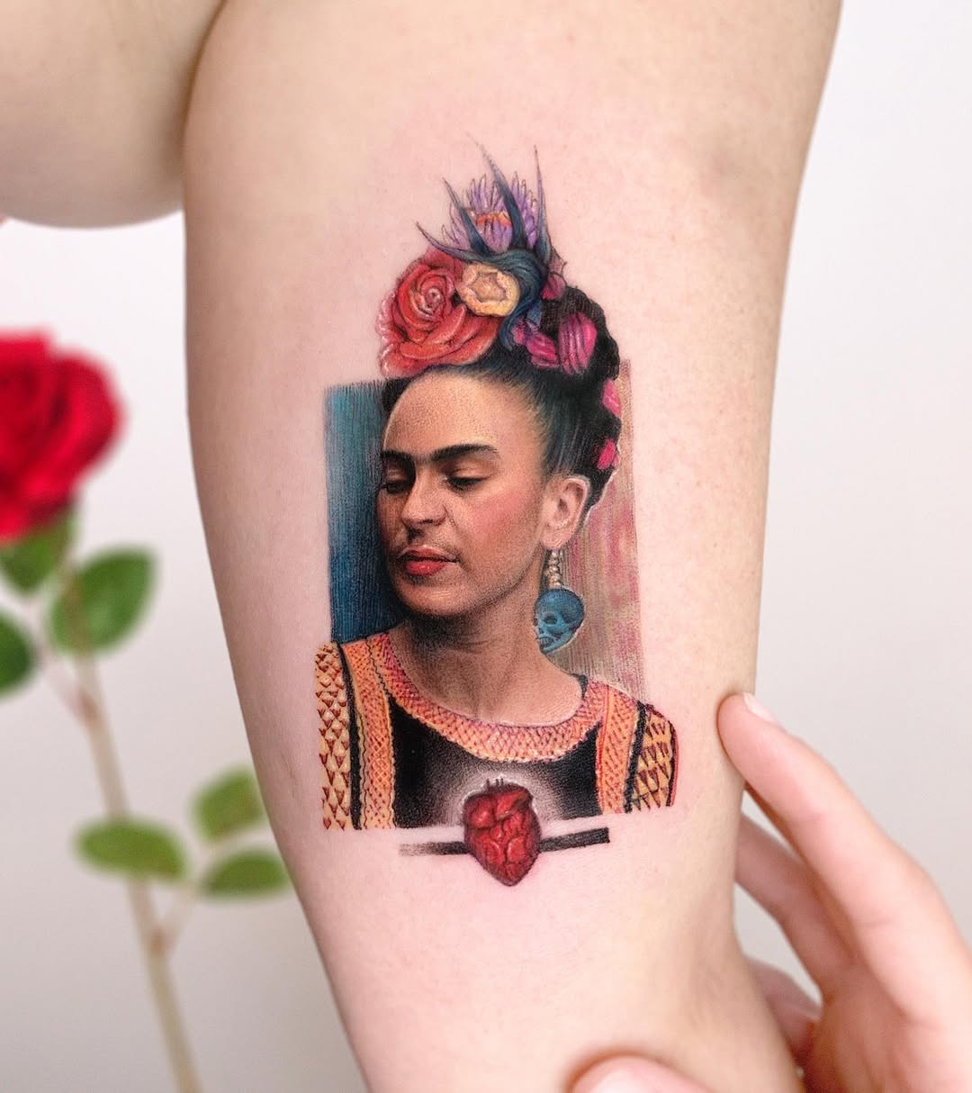 Vivid Frida Kahlo Portrait with Heart Tattoo