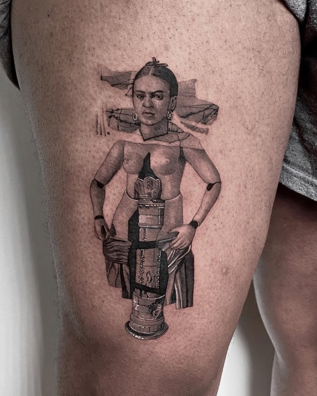 Intricate depiction of Frida Kahlo in tattoo form