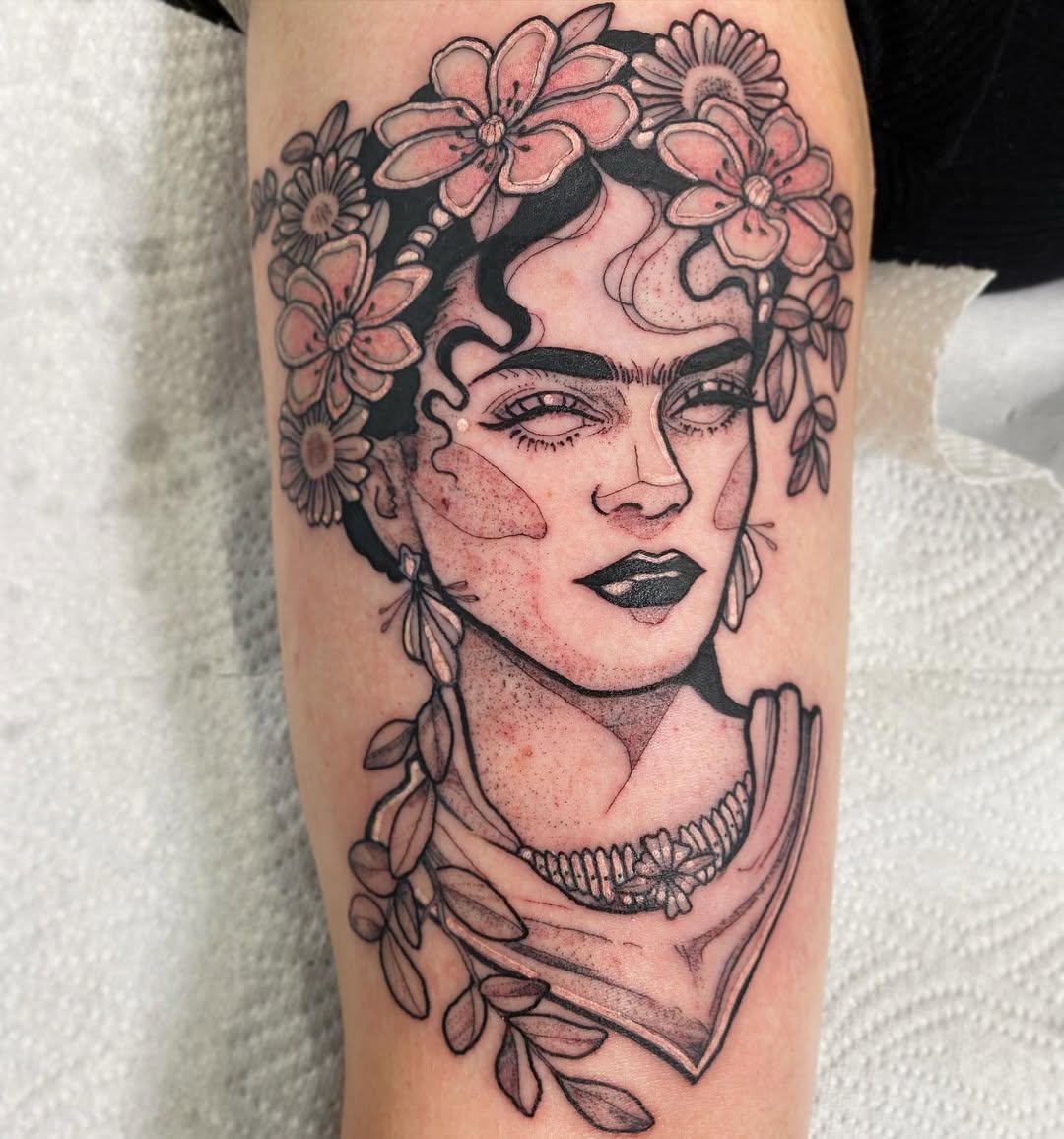 Stunning Frida Kahlo Floral Portrait Tattoo