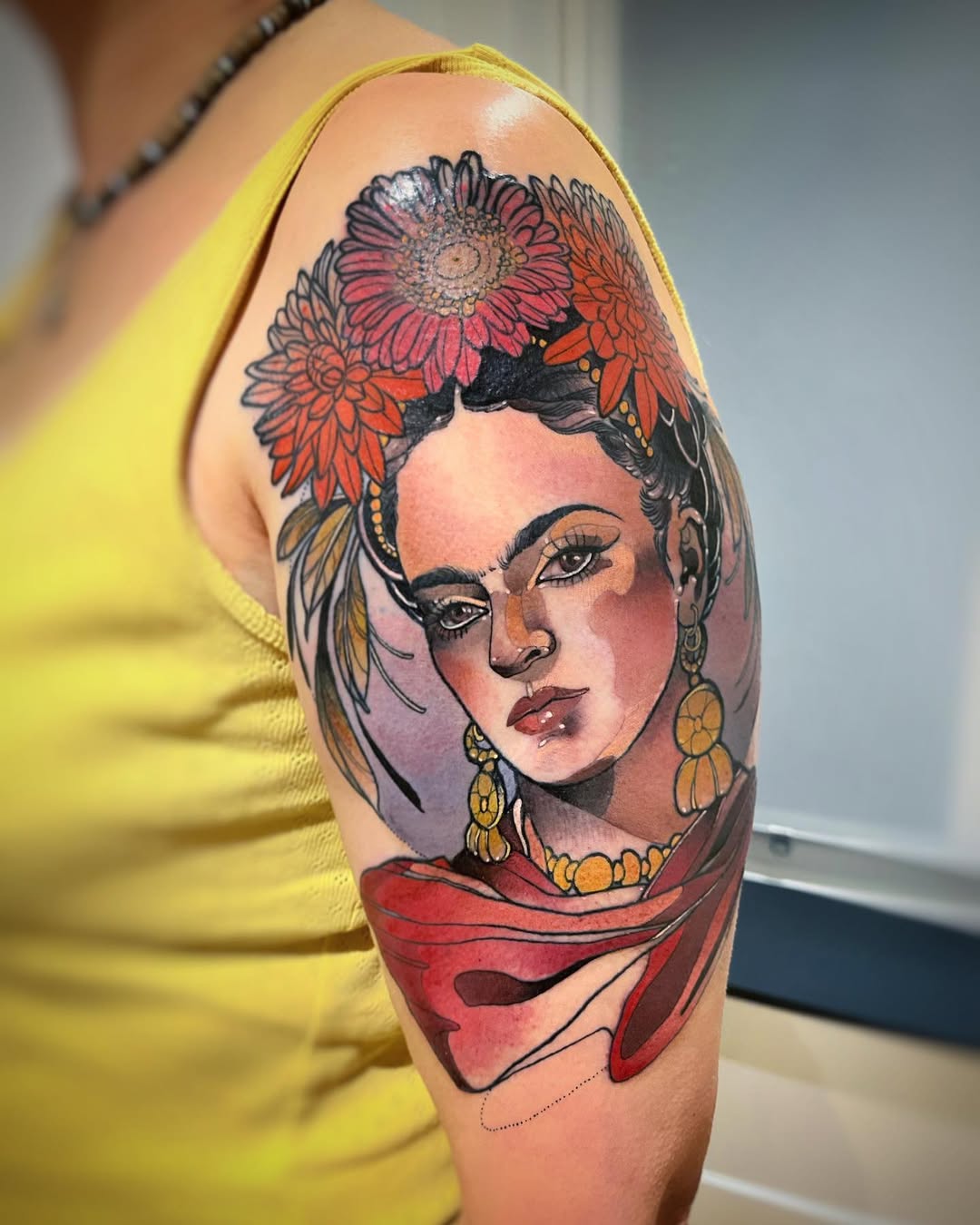 Vibrant Frida Kahlo Floral Tattoo Design