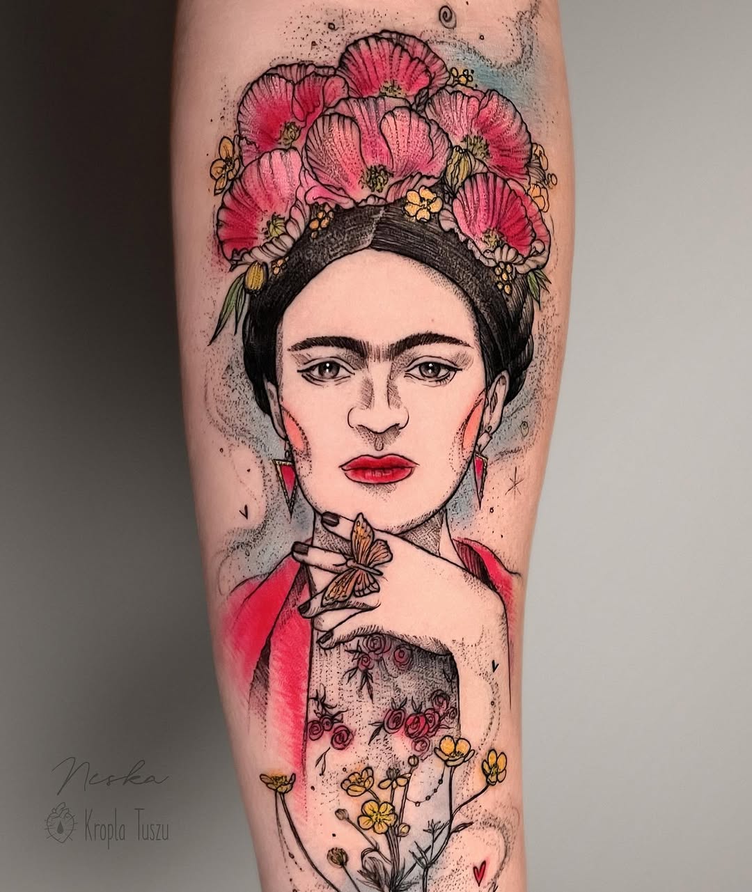 Vibrant Frida Kahlo Tattoo with Nature Elements