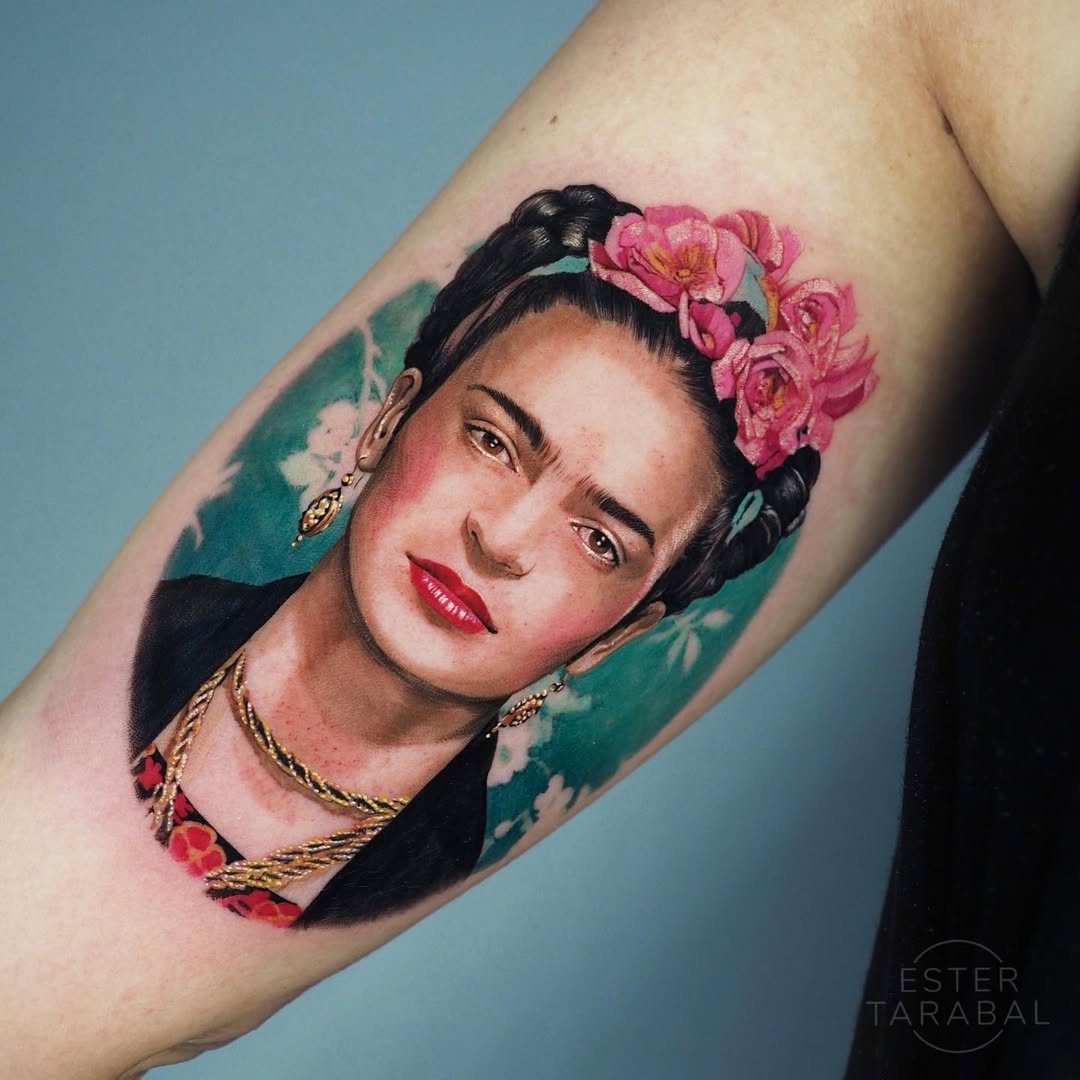Stunning Frida Kahlo Tattoo with Floral Details