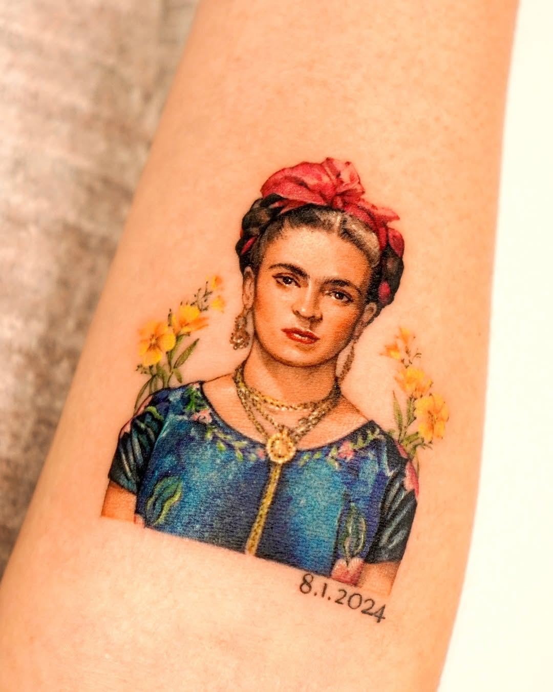 Vibrant Frida Kahlo Portrait Tattoo on Arm