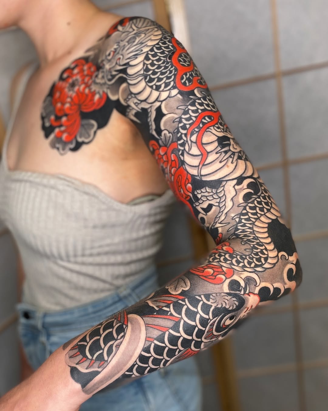 Vibrant Dragon Full Sleeve Tattoo Inspiration